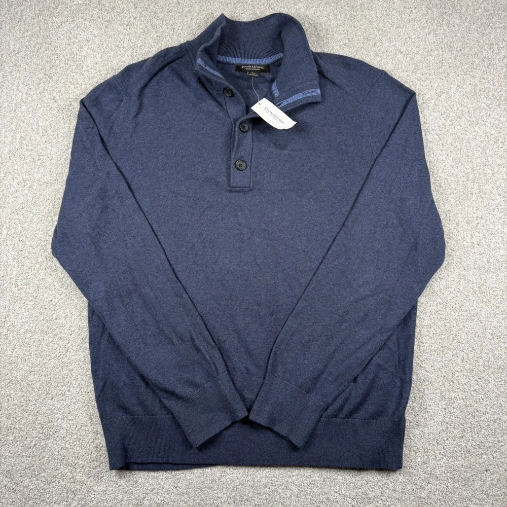 NEW Banana Republic Sweater Mens XL Blue Cotton Cashmere Button Mock Neck